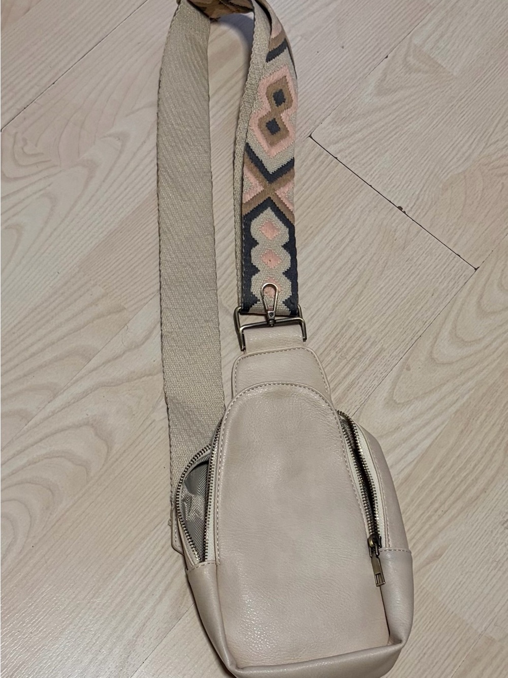 Beige Crossbody Sling Bag with Patterned Strap